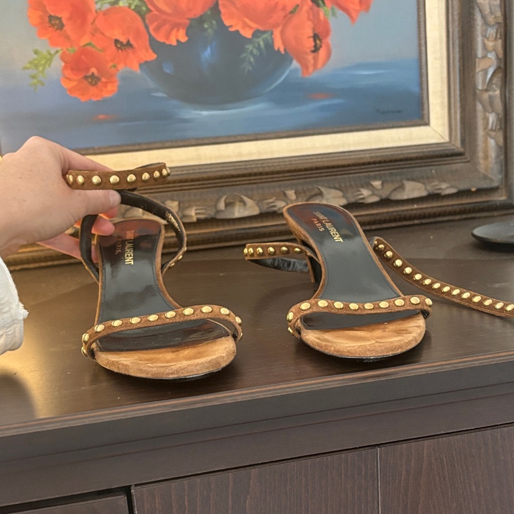 Saint Laurent brown suede studded kitten heel
